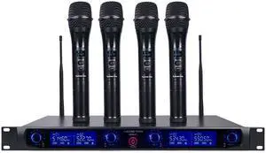 4 Channels Professional UHF Wireless Microphone System with Rack Mountable Metal Receiver and 4 Handheld Mics, for Church, School, Outdoor Wedding, Meeting, Party and Karaoke 4 Channels Professional UHF Wireless Microphone System with Rack Mountable Metal Receiver and 4 Handheld Mics, for Church, School, Outdoor Wedding, Meeting, Party and Karaoke