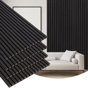 4 Pack Wood Finish Accent Wall Panels, 3D Slat Acoustic Paneling for Recording Studio, Office, Living Room Interior Decoration (Matte Black, 48"L x 24"W) 4 Pack Wood Finish Accent Wall Panels, 3D Slat Acoustic Paneling for Recording Studio, Office, Living Room Interior Decoration (Matte Black, 48"L x 24"W)