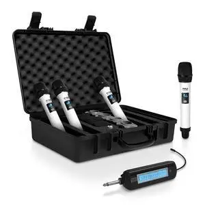 4 Channel Wireless Microphone System, Portable UHF Band Receiver System, Independent Channel Controls, RF Signal LCD Indicator, Digital Audio Microphone Set with 4 Handheld Microphones (White) 4 Channel Wireless Microphone System, Portable UHF Band Receiver System, Independent Channel Controls, RF Signal LCD Indicator, Digital Audio Microphone Set with 4 Handheld Microphones (White)