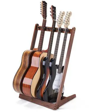 Multi Guitar Stand, Walnut Wood Guitar Rack for 3 Acoustic/5 Electric/Bass | for 3 Acoustic/5 Electric/Bass, Soft Felt Pad, Neck Holder, Floor Instrument Holder, Space Saving, for Home Studio Display Multi Guitar Stand, Walnut Wood Guitar Rack for 3 Acoustic/5 Electric/Bass | for 3 Acoustic/5 Electric/Bass, Soft Felt Pad, Neck Holder, Floor Instrument Holder, Space Saving, for Home Studio Display