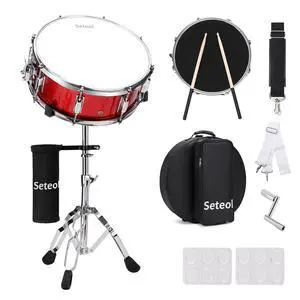 Snare Drum Set, 14" x 5.5" Marching Snare Drum with Stand & Bag | Silent Mute Pad + Drums Sticks + Drumstick Holder + Drums Key + Damper Gels for Adults (Red) Snare Drum Set, 14" x 5.5" Marching Snare Drum with Stand & Bag | Silent Mute Pad + Drums Sticks + Drumstick Holder + Drums Key + Damper Gels for Adults (Red)