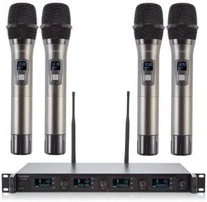Wireless Microphone System, 4-Channel UHF Wireless Mic, Fixed Frequency Metal Cordless Mic with 4 Handheld Dynamic Microphones, 200ft Range, Mics for Singing, Church (4 Handheld) Wireless Microphone System, 4-Channel UHF Wireless Mic, Fixed Frequency Metal Cordless Mic with 4 Handheld Dynamic Microphones, 200ft Range, Mics for Singing, Church (4 Handheld)