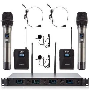 4 Channel Wireless Microphone System UHF 2 Cordless Handheld Mics and 2 Lavalier Headset Mics for Karaoke Church Speaking Conference Meeting Party, 4x25 Adjustable Frequency (2 Handheld + 2 Bodypack) 4 Channel Wireless Microphone System UHF 2 Cordless Handheld Mics and 2 Lavalier Headset Mics for Karaoke Church Speaking Conference Meeting Party, 4x25 Adjustable Frequency (2 Handheld + 2 Bodypack)