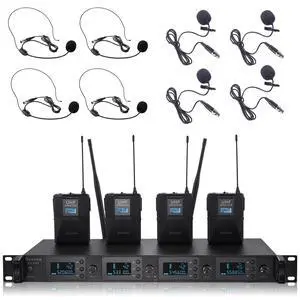 Wireless Microphone System 4 Channel UHF 4 Lavalier Lapel Headset Mics for Karaoke Church Speaking Conference Meeting Party, 4x25 Adjustable Frequency (4 Bodypack) Wireless Microphone System 4 Channel UHF 4 Lavalier Lapel Headset Mics for Karaoke Church Speaking Conference Meeting Party, 4x25 Adjustable Frequency (4 Bodypack)