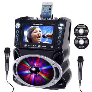 Karaoke Machine with Lyrics Display 7" Screen. CD+G, DVD, MP3+G, MP3, CD & USB. Wireless Bluetooth Speaker with LED Disco Lights. Includes 2 Wired Microphones and 2 Bonus Karaoke Discs By Karaoke Machine with Lyrics Display 7" Screen. CD+G, DVD, MP3+G, MP3, CD & USB. Wireless Bluetooth Speaker with LED Disco Lights. Includes 2 Wired Microphones and 2 Bonus Karaoke Discs By