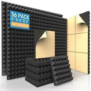 36 Pack Self-Adhesive Pyramid Acoustic Foam Panels, 12" x 12" x 2" | 2" Thick Pyramid Foam / High-Density Structure / Echo Control / Easy Peel-and-Stick Installation / Larger Room Coverage 36 Pack Self-Adhesive Pyramid Acoustic Foam Panels, 12" x 12" x 2" | 2" Thick Pyramid Foam / High-Density Structure / Echo Control / Easy Peel-and-Stick Installation / Larger Room Coverage