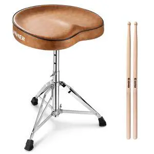 Saddle Drum Throne, Height Adjustable Padded Seat Drum Stool for Adults and Teens, 5A Drumsticks Included, with Double Braced Legs Rubber Feet, Brown Saddle Drum Throne, Height Adjustable Padded Seat Drum Stool for Adults and Teens, 5A Drumsticks Included, with Double Braced Legs Rubber Feet, Brown