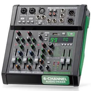 6 Channel Audio Mixer - 2 XLR Combo Mic Inputs, Bluetooth Studio Mixer/DJ Controller with DSP Digital Effects, USB-A In with MP3 Player, PC Recording, LED Level Meter, Smooth Dials and Faders 6 Channel Audio Mixer - 2 XLR Combo Mic Inputs, Bluetooth Studio Mixer/DJ Controller with DSP Digital Effects, USB-A In with MP3 Player, PC Recording, LED Level Meter, Smooth Dials and Faders
