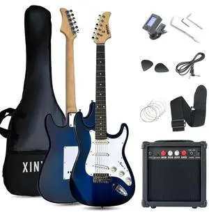 39in Full Size Beginner Electric Guitar Starter Kit w/Case, Strap, 20W Amp, Strings, Pick, Tremolo Bar (Blue Guitar) 39in Full Size Beginner Electric Guitar Starter Kit w/Case, Strap, 20W Amp, Strings, Pick, Tremolo Bar (Blue Guitar)