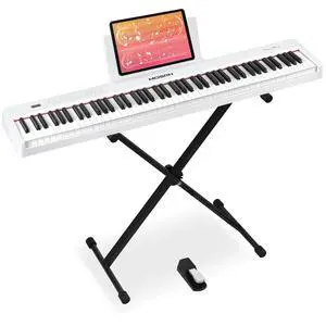 MOSEN Full Size 88 Key Semi Weighted Digital Piano With Stand For Beginners | 380 Tones, 128 Rhythms, 88 Demo Songs, Dual Keyboard Layout, LED Display, Piano Lessons, Stand & Sustain Pedal, White MOSEN Full Size 88 Key Semi Weighted Digital Piano With Stand For Beginners | 380 Tones, 128 Rhythms, 88 Demo Songs, Dual Keyboard Layout, LED Display, Piano Lessons, Stand & Sustain Pedal, White