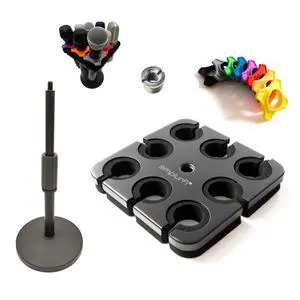 Multi Microphone Holder with desktop Mic Stand - Square Tray Attachment holds up to 8 mics On Stage Organizer and Display - 8 Anti-roll Rings Included Multi Microphone Holder with desktop Mic Stand - Square Tray Attachment holds up to 8 mics On Stage Organizer and Display - 8 Anti-roll Rings Included