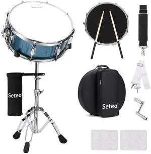 Snare Drum Set, 14" x 5.5" Marching Snare Drum with Stand & Bag | Silent Mute Pad + Drums Sticks + Drumstick Holder + Drums Key + Damper Gels for Adults (Blue) Snare Drum Set, 14" x 5.5" Marching Snare Drum with Stand & Bag | Silent Mute Pad + Drums Sticks + Drumstick Holder + Drums Key + Damper Gels for Adults (Blue)