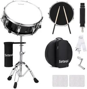 Snare Drum Set, 14" x 5.5" Marching Snare Drum with Stand & Bag | Silent Mute Pad + Drums Sticks + Drumstick Holder + Drums Key + Damper Gels for Adults (Black) Snare Drum Set, 14" x 5.5" Marching Snare Drum with Stand & Bag | Silent Mute Pad + Drums Sticks + Drumstick Holder + Drums Key + Damper Gels for Adults (Black)