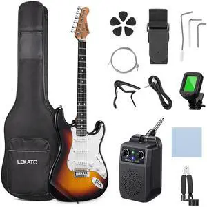 Beginner Electric Guitar Kit 39 Inch Full Size Solid Body Guitar SSS for Starter Roasted Maple Neck Stainless Steel Frets, 5w Plug-in Amp, Bag, Tuner, Capo, Strap, Picks, String, Cable-Sunburst Beginner Electric Guitar Kit 39 Inch Full Size Solid Body Guitar SSS for Starter Roasted Maple Neck Stainless Steel Frets, 5w Plug-in Amp, Bag, Tuner, Capo, Strap, Picks, String, Cable-Sunburst