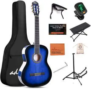 Full Size Classical Nylon Strings Acoustic Guitar 39 Inch Classic Guitarra Starter Bundle for Adult with Free Lessons, Gig Bag, E-tuner, Footstool, Teens Student Beginner Kits (Blue, 39 Inch) Full Size Classical Nylon Strings Acoustic Guitar 39 Inch Classic Guitarra Starter Bundle for Adult with Free Lessons, Gig Bag, E-tuner, Footstool, Teens Student Beginner Kits (Blue, 39 Inch)