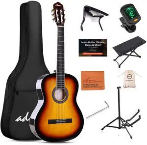 Full Size Classical Nylon Strings Acoustic Guitar 39 Inch Classic Guitarra Starter Bundle for Adult with Free Lessons, Gig Bag, E-tuner, Footstool, Teens Student Beginner Kits (Sunburst, 39 Inch) Full Size Classical Nylon Strings Acoustic Guitar 39 Inch Classic Guitarra Starter Bundle for Adult with Free Lessons, Gig Bag, E-tuner, Footstool, Teens Student Beginner Kits (Sunburst, 39 Inch)