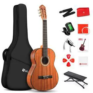 Classical Guitar 4/4, 39 Inch Full Size Nylon String Guitar for Beginner Adults, Guitar Bundle with Gig Bag & Footstool, Sapele Brown, by Classical Guitar 4/4, 39 Inch Full Size Nylon String Guitar for Beginner Adults, Guitar Bundle with Gig Bag & Footstool, Sapele Brown, by
