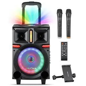 Karaoke Machine, 8" Woofer Portable PA System, Bluetooth Speaker with 2 Wireless Microphones, Lyrics Display Tablet Holder, Party Lights & Echo/Treble/Bass Adjustment Support REC/AUX/USB/TF Karaoke Machine, 8" Woofer Portable PA System, Bluetooth Speaker with 2 Wireless Microphones, Lyrics Display Tablet Holder, Party Lights & Echo/Treble/Bass Adjustment Support REC/AUX/USB/TF