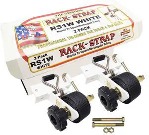 2 Pack, The Original American Made Ladder Rack Tie-Downs, Right Angle Mounting Bracket, RS1W White Right Angle Mounting Bracket, Bolt Mounting Hardware Included, 8 Foot Black Strap 2 Pack, The Original American Made Ladder Rack Tie-Downs, Right Angle Mounting Bracket, RS1W White Right Angle Mounting Bracket, Bolt Mounting Hardware Included, 8 Foot Black Strap