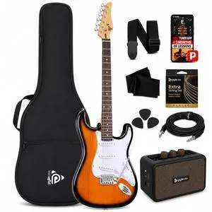 Electric Guitar and Amp Kit - Full Size 39" Complete Starter Kit with Wearable Bluetooth Amplifier, 1/4 Cable, Carry Case, Strap, Strings, Picks, Cleaning Cloth, ST-Style Pickups (Sun Burst) Electric Guitar and Amp Kit - Full Size 39" Complete Starter Kit with Wearable Bluetooth Amplifier, 1/4 Cable, Carry Case, Strap, Strings, Picks, Cleaning Cloth, ST-Style Pickups (Sun Burst)