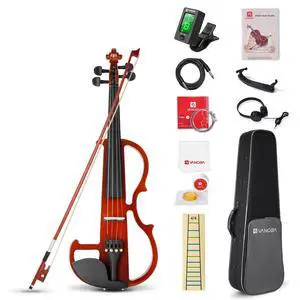 Electric Violin 4/4 Full Size Silent Violin Set for Beginner Adults Teens, Solid Maple Wood Metallic Electronic Quite Violin with Ebony Fittings, Red Color Electric Violin 4/4 Full Size Silent Violin Set for Beginner Adults Teens, Solid Maple Wood Metallic Electronic Quite Violin with Ebony Fittings, Red Color