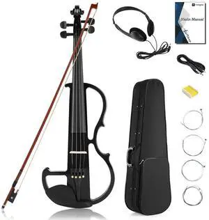 Electric Violin Full Size 4/4, Black Silent Electric Violin, Solid Wood Metallic Electric Fiddle with Ebony Fittings, Beginner Kit for Adults Teens Electric Violin Full Size 4/4, Black Silent Electric Violin, Solid Wood Metallic Electric Fiddle with Ebony Fittings, Beginner Kit for Adults Teens
