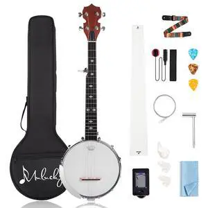 5 String Mini Travel Banjo B807, 26 Inch Closed Back Sapele Kit | 26" Travel Banjo: Compact 5-string banjo with a sapele body and solid closed back. Includes a gig bag, strap, and picks 5 String Mini Travel Banjo B807, 26 Inch Closed Back Sapele Kit | 26" Travel Banjo: Compact 5-string banjo with a sapele body and solid closed back. Includes a gig bag, strap, and picks