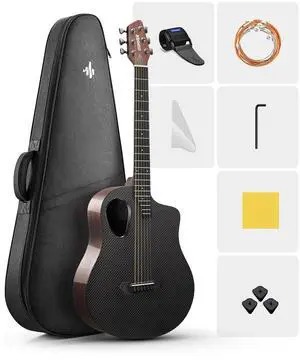 Carbon X Wood Acoustic Guitar Beginner & Intermediate Learner Kits - Carbon Fiber Top, Wooden Bowl, 38" Durable Solid Guitar with Case, Strap, Steel-String, RISING-G1 (Gloss, Black) Carbon X Wood Acoustic Guitar Beginner & Intermediate Learner Kits - Carbon Fiber Top, Wooden Bowl, 38" Durable Solid Guitar with Case, Strap, Steel-String, RISING-G1 (Gloss, Black)