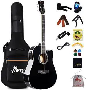 Acoustic-Electric Guitar 4/4 Full Size for Adults Beginners and Teens, 6 Steel-String Acustica Guitarra Starter Kit, 4-Band Equaliser, 41" Dreadnought Cutaway, Glossy Black, Right Hand Acoustic-Electric Guitar 4/4 Full Size for Adults Beginners and Teens, 6 Steel-String Acustica Guitarra Starter Kit, 4-Band Equaliser, 41" Dreadnought Cutaway, Glossy Black, Right Hand