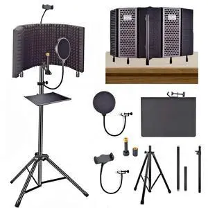 Microphone Isolation Shield with Pop Filter & Stand and Phone Clip, Foldable Triple Layer Sound Proofing, Studio Mic Cover for Recording, Podcasting, Streaming, Singing, YouTube Videos Black Microphone Isolation Shield with Pop Filter & Stand and Phone Clip, Foldable Triple Layer Sound Proofing, Studio Mic Cover for Recording, Podcasting, Streaming, Singing, YouTube Videos Black