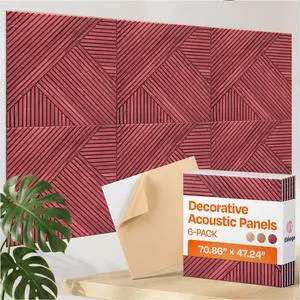 XL Acoustic Wall Panels 6-Pack Decorative Acoustic Panels High Density Sound Absorbing Wall Art 70.86X47.24 Inches with Self-adhesive for Studio Home and Office - Cherry Wood Finish XL Acoustic Wall Panels 6-Pack Decorative Acoustic Panels High Density Sound Absorbing Wall Art 70.86X47.24 Inches with Self-adhesive for Studio Home and Office - Cherry Wood Finish