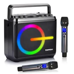 Karaoke Machine, Bluetooth Speaker with 2 Wireless Microphones, Portable Voice Amplifier PA System for Adults Kids with LED Lights Support Bass/Treble Adjustment, TF Card/USB, REC for Home Party Karaoke Machine, Bluetooth Speaker with 2 Wireless Microphones, Portable Voice Amplifier PA System for Adults Kids with LED Lights Support Bass/Treble Adjustment, TF Card/USB, REC for Home Party
