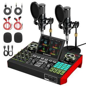 G10 Podcast Equipment Bundle for 2 with Live Sound Board Audio Mixer - Two Condenser Mics, Voice Changer, Noise Reduction, for PC/Phone Streaming, Gaming, Singing, Podcast, Recording G10 Podcast Equipment Bundle for 2 with Live Sound Board Audio Mixer - Two Condenser Mics, Voice Changer, Noise Reduction, for PC/Phone Streaming, Gaming, Singing, Podcast, Recording
