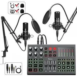 Podcast Equipment Bundle for 2, Audio Interface Mixer with Condenser Microphones, Noise Cancellation, Voice Change, 48V Phantom for Podcasting, Streaming, Recording, Gaming, TikTok, PC, Phone (V1) Podcast Equipment Bundle for 2, Audio Interface Mixer with Condenser Microphones, Noise Cancellation, Voice Change, 48V Phantom for Podcasting, Streaming, Recording, Gaming, TikTok, PC, Phone (V1)