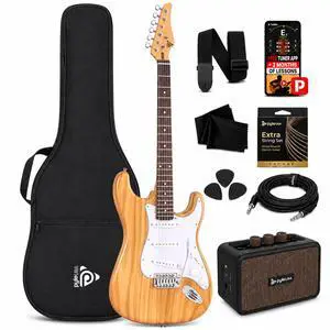 Electric Guitar and Amp Kit - Full Size 39" Complete Starter Kit with Wearable Bluetooth Amplifier, 1/4 Cable, Carry Case, Strap, Strings, Picks, Cleaning Cloth, ST-Style Pickups (Natural) Electric Guitar and Amp Kit - Full Size 39" Complete Starter Kit with Wearable Bluetooth Amplifier, 1/4 Cable, Carry Case, Strap, Strings, Picks, Cleaning Cloth, ST-Style Pickups (Natural)