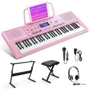 Electronic Keyboard Piano Kit 61 Key for Beginner, Children Digital E Piano with Stand, Bench, Music Stand and Microphone, Pink, Musical Instrument Birthday Gifts for Kids Girls Daughter Electronic Keyboard Piano Kit 61 Key for Beginner, Children Digital E Piano with Stand, Bench, Music Stand and Microphone, Pink, Musical Instrument Birthday Gifts for Kids Girls Daughter