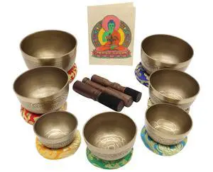 Singing Bowl Set of 7, Thadobati Design Himalayan Sound Bowl, Handcrafted, Hand hammered, Comes w/silk cushions, 3 sticks, Buddhist card, Brocade Box Ideal for Meditation, Yoga, Mindfulness Healing Singing Bowl Set of 7, Thadobati Design Himalayan Sound Bowl, Handcrafted, Hand hammered, Comes w/silk cushions, 3 sticks, Buddhist card, Brocade Box Ideal for Meditation, Yoga, Mindfulness Healing