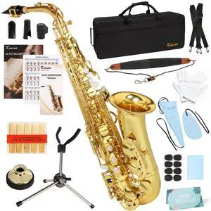 E Flat Alto Saxophone, Lightweight Saxophones for Students Beginner, Saxofon Full Kit with Portable Case, Sax Stand, Strap, Reeds, Beginner's Guides, Mute, Cleaning Kit (Gold Lacquer) E Flat Alto Saxophone, Lightweight Saxophones for Students Beginner, Saxofon Full Kit with Portable Case, Sax Stand, Strap, Reeds, Beginner's Guides, Mute, Cleaning Kit (Gold Lacquer)