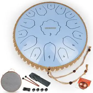 Steel Tongue Drum Pro - 14 Inch 15 Note Rain Drum - Percussion Instrument for Meditation and Music, Hand Pan Drums with Music Book, Mallets and Carrying Bag (Glossy Blue) Steel Tongue Drum Pro - 14 Inch 15 Note Rain Drum - Percussion Instrument for Meditation and Music, Hand Pan Drums with Music Book, Mallets and Carrying Bag (Glossy Blue)
