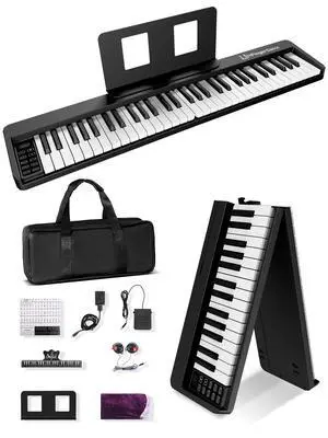 61 Key Folding Piano Keyboard, Upgrand Imitation Wood Texture Keyboard Portable Piano, Bluetooth & MIDI, Foldable Keyboard Piano for Beginner - Deep Black 61 Key Folding Piano Keyboard, Upgrand Imitation Wood Texture Keyboard Portable Piano, Bluetooth & MIDI, Foldable Keyboard Piano for Beginner - Deep Black