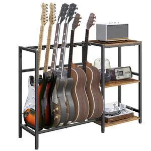 Guitar Stand, Guitar Holder for 6 String Instruments, Suitable for Acoustic Guitar, Bass, Guitar Rack with Side Shelves for Record Player, with Non-Slip Rubber Pads, Rustic Brown GSHR9701V1 Guitar Stand, Guitar Holder for 6 String Instruments, Suitable for Acoustic Guitar, Bass, Guitar Rack with Side Shelves for Record Player, with Non-Slip Rubber Pads, Rustic Brown GSHR9701V1