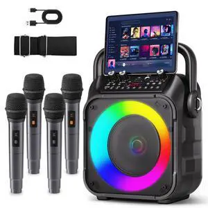 Karaoke Machine, Portable Bluetooth Speaker with 4 Wireless Microphones for Adults & Kids with Lights, Karaoke Microphone with PA System Supports USB/TF/FM/AUX for Home Party Home System Packages Karaoke Machine, Portable Bluetooth Speaker with 4 Wireless Microphones for Adults & Kids with Lights, Karaoke Microphone with PA System Supports USB/TF/FM/AUX for Home Party Home System Packages