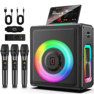 Karaoke Machine, Portable Bluetooth 5.3 Speaker with 3 Wireless Microphones for Adults, 300W Retro Leather PA System with Pitch Correction, Supports TV/TWS/TF Card/USB/AUX/Live Karaoke Machine, Portable Bluetooth 5.3 Speaker with 3 Wireless Microphones for Adults, 300W Retro Leather PA System with Pitch Correction, Supports TV/TWS/TF Card/USB/AUX/Live