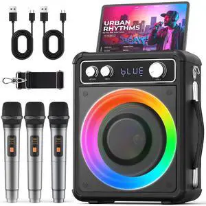 Karaoke Machine, Bluetooth Speaker with 3 Rechargeable Microphones | 2026 Portable PA System for adults with LED Light, Supports TWS Echo TF USB AUX Inputs for Birthday Home Party Outdoor Travel Karaoke Machine, Bluetooth Speaker with 3 Rechargeable Microphones | 2026 Portable PA System for adults with LED Light, Supports TWS Echo TF USB AUX Inputs for Birthday Home Party Outdoor Travel