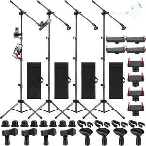 4 Pcs Tripod Microphone Stand Boom Arm Floor Mic Stand with Carrying Bag and Mic Clips for Singing Stage Wedding Karaoke Church (Multifunctional Style) 4 Pcs Tripod Microphone Stand Boom Arm Floor Mic Stand with Carrying Bag and Mic Clips for Singing Stage Wedding Karaoke Church (Multifunctional Style)