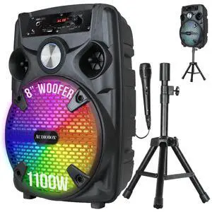 ABX-82S Portable Bluetooth Party Speaker with Stand - 8" Woofer 1100W WaveSync Technology, LED Lights, USB/TF Card/FM, Loud Bluetooth Speaker PA System w/Wired Microphone & USB Cable, Black ABX-82S Portable Bluetooth Party Speaker with Stand - 8" Woofer 1100W WaveSync Technology, LED Lights, USB/TF Card/FM, Loud Bluetooth Speaker PA System w/Wired Microphone & USB Cable, Black