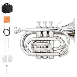 Pocket Trumpet B Flat for Beginners Students, Brass Trumpet Mouthpiece 7C, Cleaning Kit, Hard Case, Gloves, ETR-330N, Nickel Pocket Trumpet B Flat for Beginners Students, Brass Trumpet Mouthpiece 7C, Cleaning Kit, Hard Case, Gloves, ETR-330N, Nickel