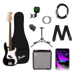 Squier Debut Series Beginner Precision Bass Guitar Kit w/Amp, Black | Includes Rumble 15 amp, padded gig bag, cable, bass guitar starter kit, everything included Squier Debut Series Beginner Precision Bass Guitar Kit w/Amp, Black | Includes Rumble 15 amp, padded gig bag, cable, bass guitar starter kit, everything included