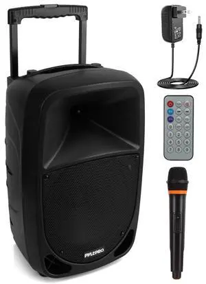 PSBT105A - 1000W Portable Bluetooth PA Speaker, 10'' Subwoofer, UHF Wireless Mic, MP3/USB/SD, Rechargeable Battery, LED Battery Indicator Lights, Black PSBT105A - 1000W Portable Bluetooth PA Speaker, 10'' Subwoofer, UHF Wireless Mic, MP3/USB/SD, Rechargeable Battery, LED Battery Indicator Lights, Black