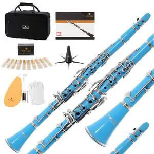 Ebonite Bb Clarinet Kit for Beginner - Light Blue | B Flat Clarinet Kit with 10 Reeds, Mouthpiece, Cork Grease, Hard Case, Stand, Pocketbook, Cleaning Cloth, Gloves Ebonite Bb Clarinet Kit for Beginner - Light Blue | B Flat Clarinet Kit with 10 Reeds, Mouthpiece, Cork Grease, Hard Case, Stand, Pocketbook, Cleaning Cloth, Gloves